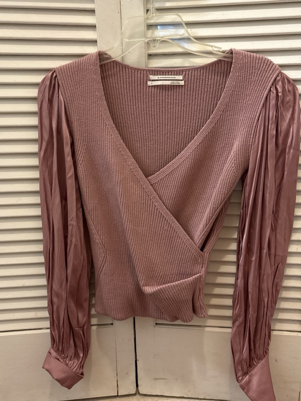 Anthropologie Dusty Rose Wrap Ribbed Top with Satin Puff Sleeves